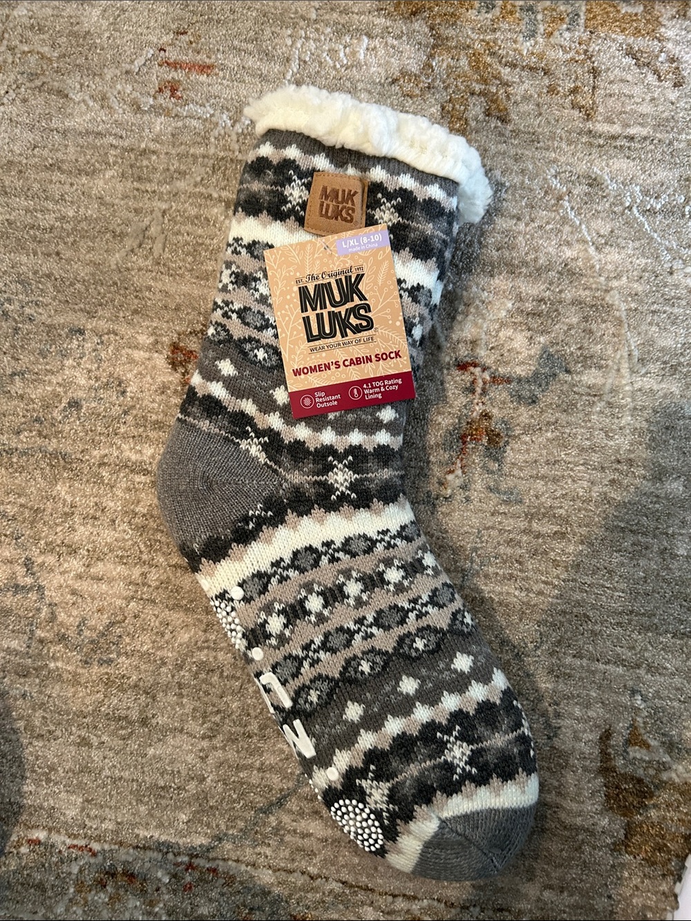 Muk Luks Gray, White & Brown Fair Isle Cozy Cabin Socks - Fleece Lined size l/xl